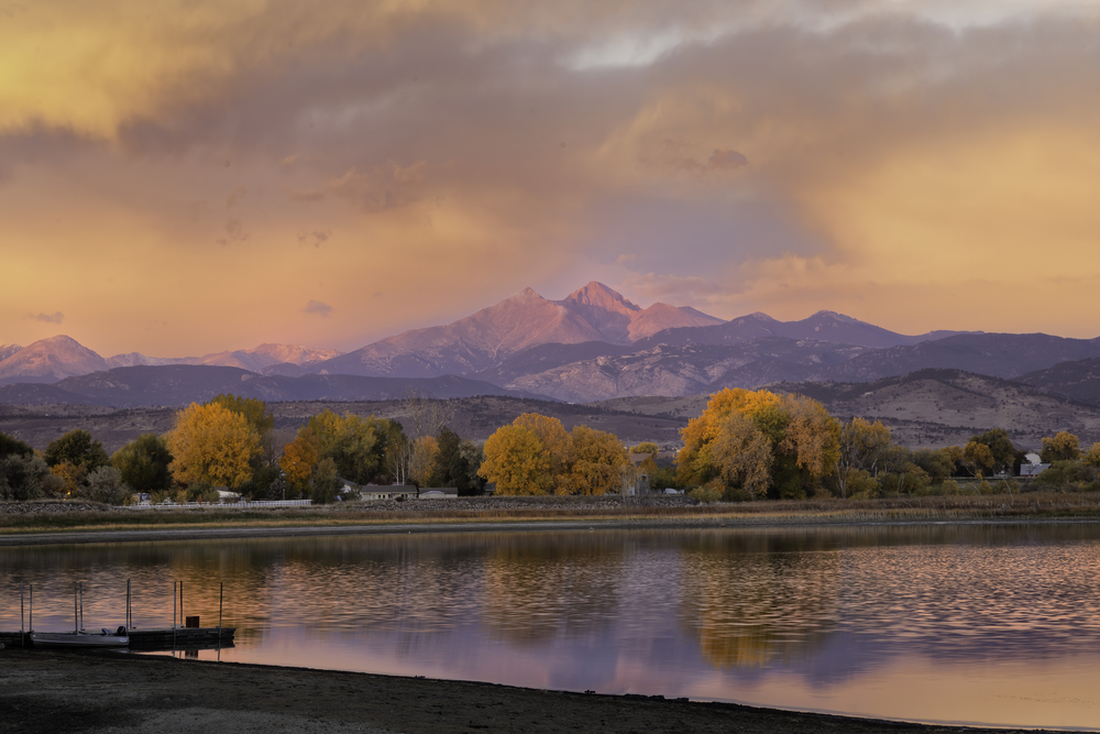 Longmont Braces, Niwot Colorado weather, lake and trees with Longs Peak in distance.