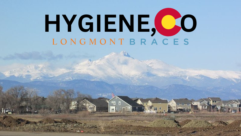 Longmont Braces, Hygiene Colorado, Longs Peak with houses in the foreground